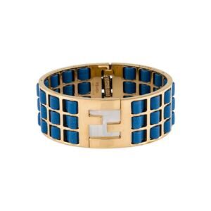Fendi Blue Leather Gold-tone FF Cuff Bracelet